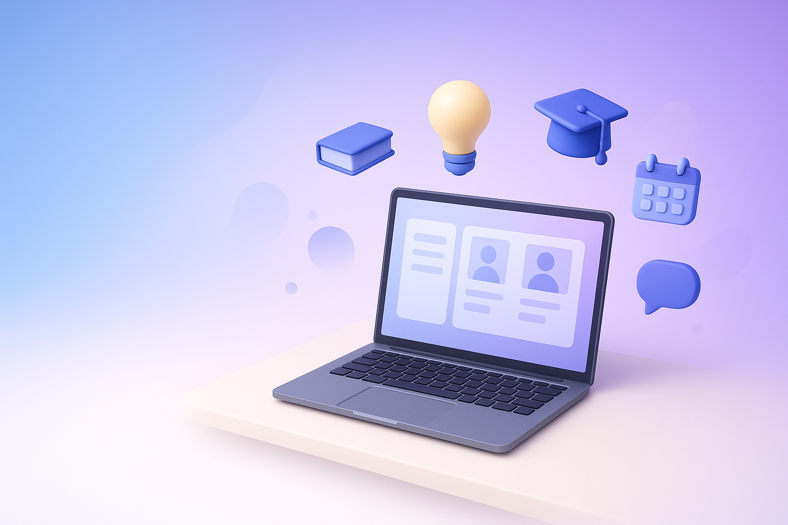 Abstract illustration of online learning with laptop and education icons